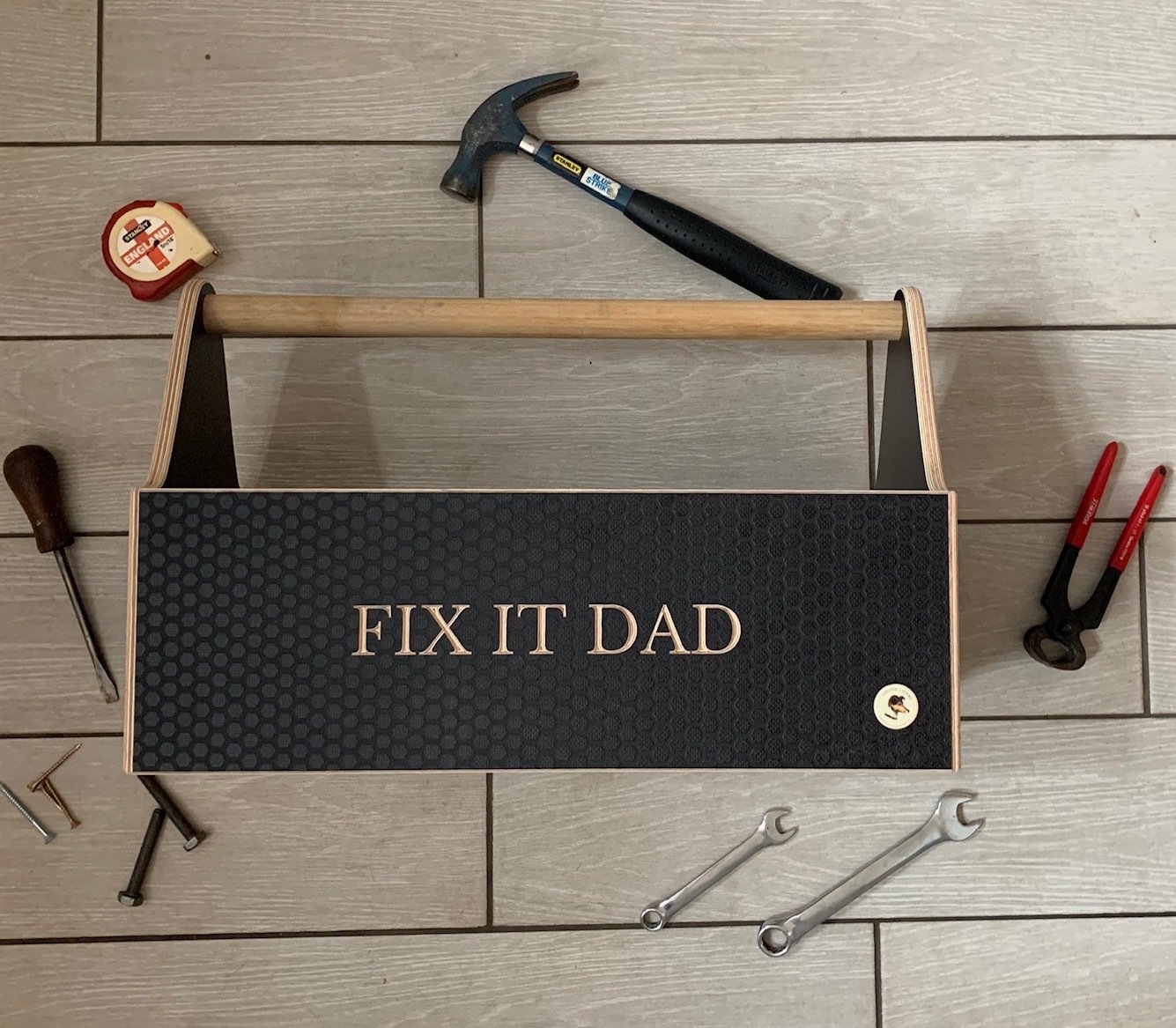 Wooden tool box engraved with Fix it dad