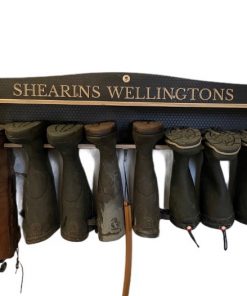 Wooden 5 Pair wall hanging welly Rack engraved with a family Name showing wellies hanging.