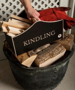 Kindling box on a log storage container with red fire gloves