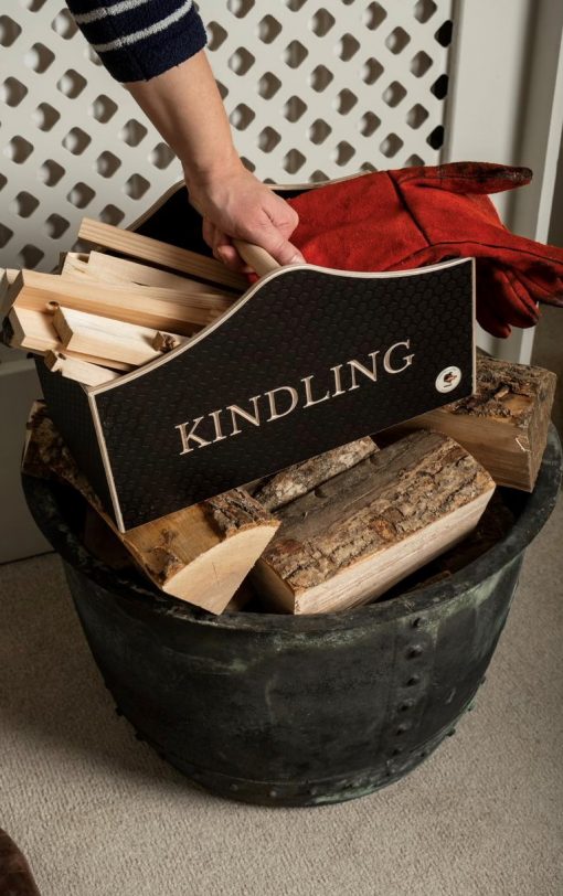 Kindling box on a log storage container with red fire gloves