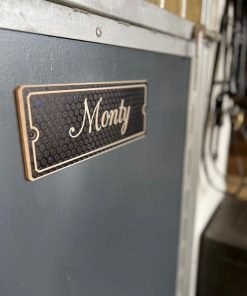 Brown wooden stable name plate with blue diamantes