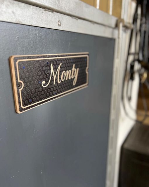 Brown wooden stable name plate with blue diamantes