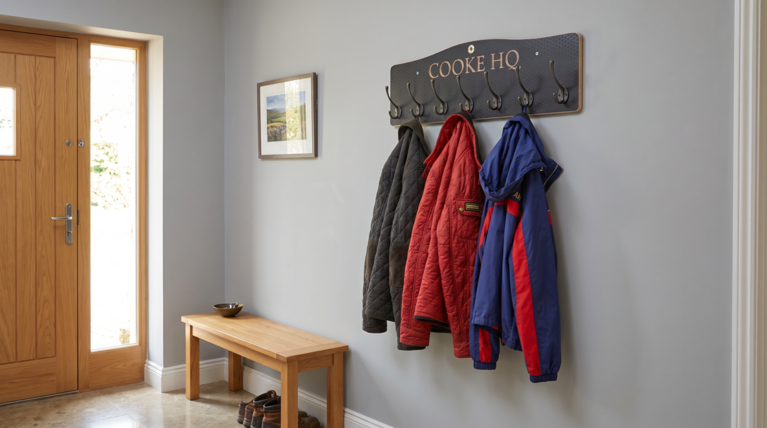 Personalised wooden brown 6 hook coat rack a great practical unique wedding gift idea