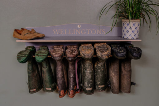 Grey wall mounted wellington boot holder to hold 2-5 pairs of welly boots a very practical gift