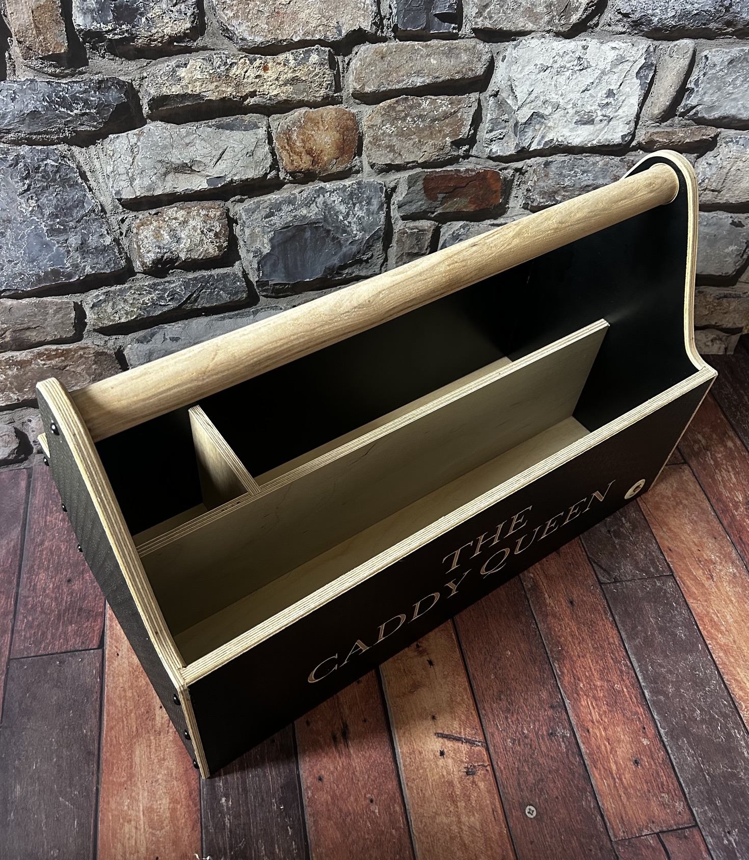 inside and handle of the wooden Chester & Cooke tool box
