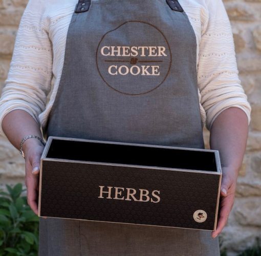 wooden Herb planter - engraved with herbs.