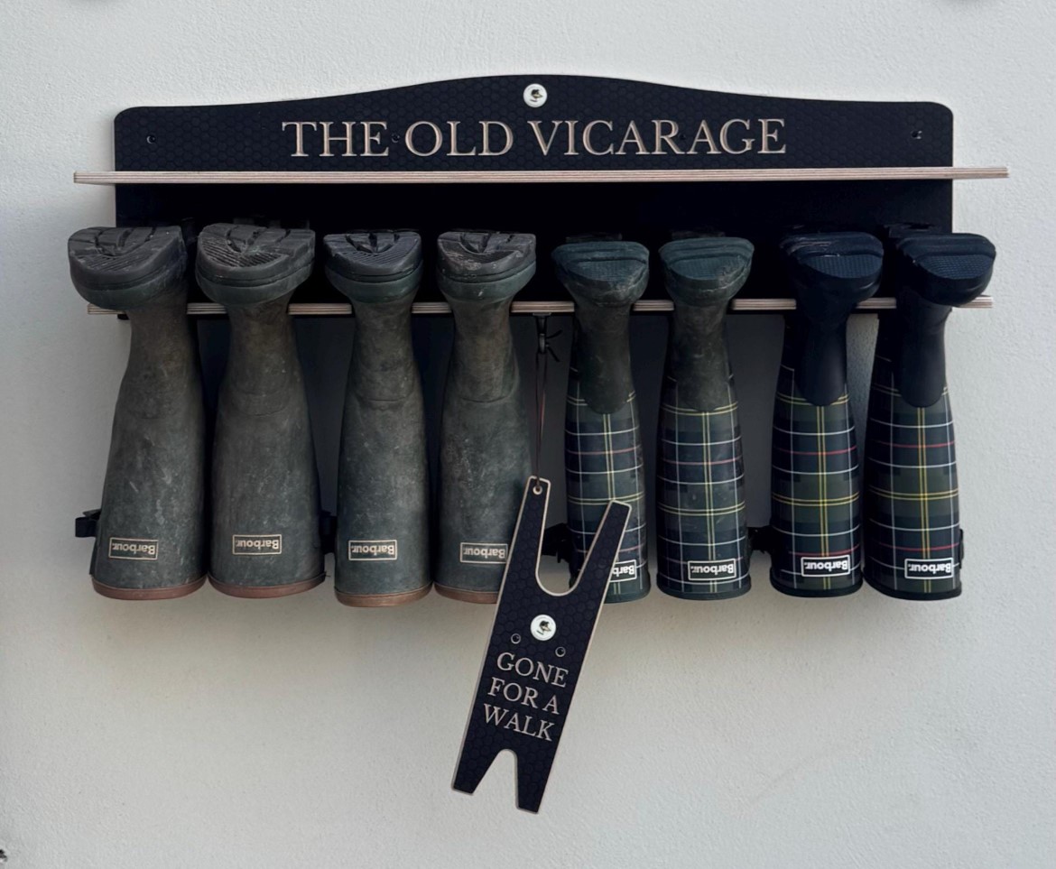 the old vicarge welly rack designed and made by Chester & Cooke