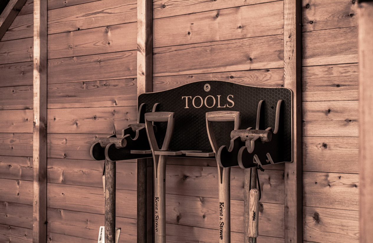 Gardening Jobs for November - Tidy your tools away on a tool rack for sheds one of many garden gift ideas from Chester & Cooke