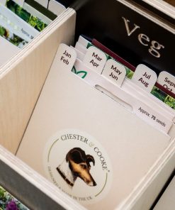 Seed divider cards in the seed storage box dividing seed packets