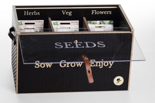 Seed storage box with standard engraving of veg, herbs and flowers.