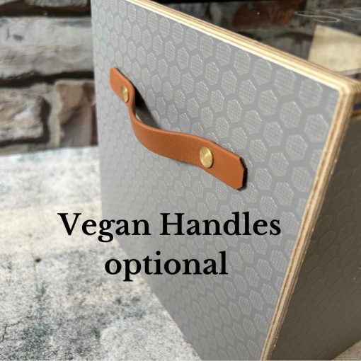 vegan handles on a grey Gardener's seed box.