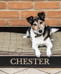 Wooden dog bed with tweed cushion. Personalised with your dogs name.