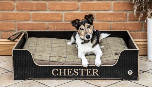 Wooden dog bed with tweed cushion. Personalised with your dogs name.