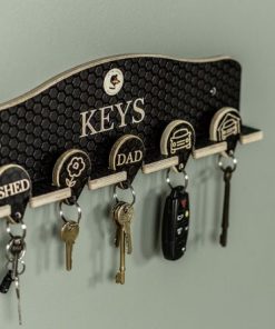 wooden Key rack set including 5 engraved keyrings