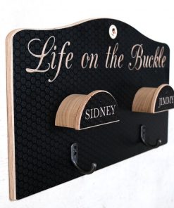 Double bridle Hanger personalised with life on the buckle in calligraphy font and also personalisation on each hanger.