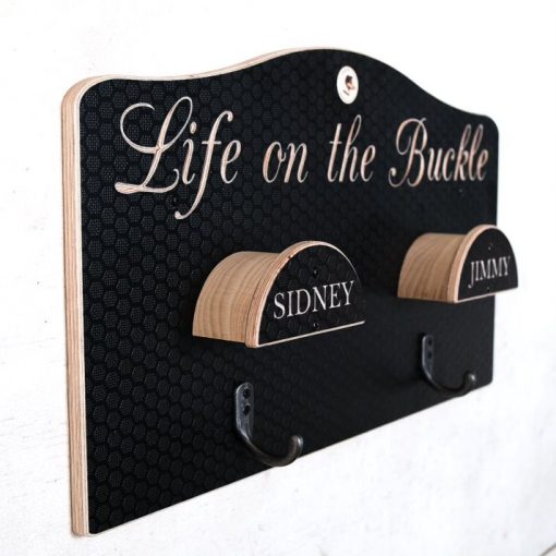 Double bridle Hanger personalised with life on the buckle in calligraphy font and also personalisation on each hanger.