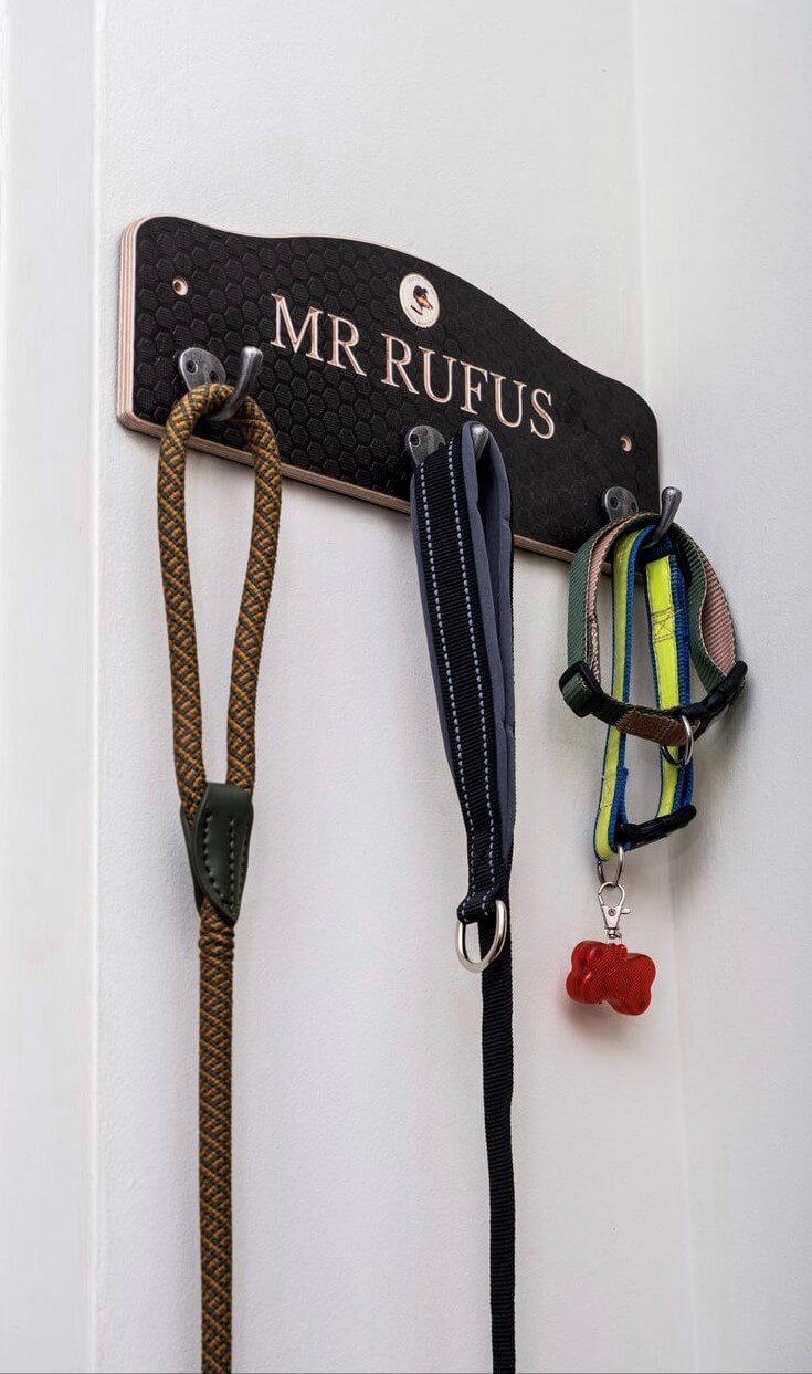 Personlised lead rack on wall with leads. goes perfectly with a wellington boot rack