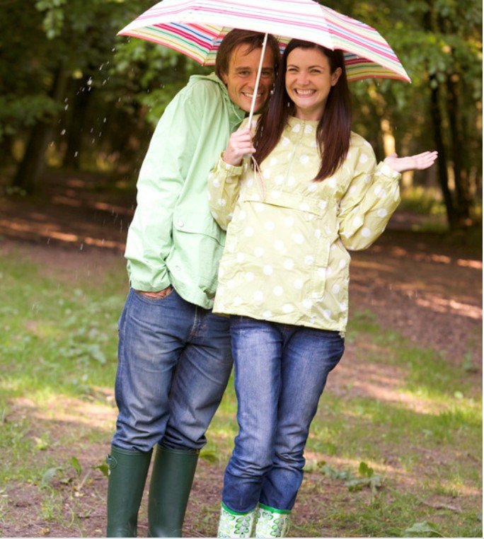 A couple in wellies holding an umbrella