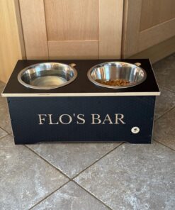 medium brown dog bowl stand with storage under bowls