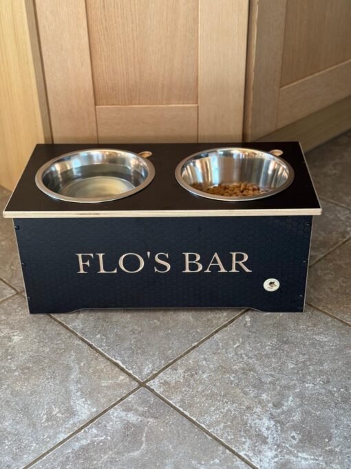 medium brown dog bowl stand with storage under bowls