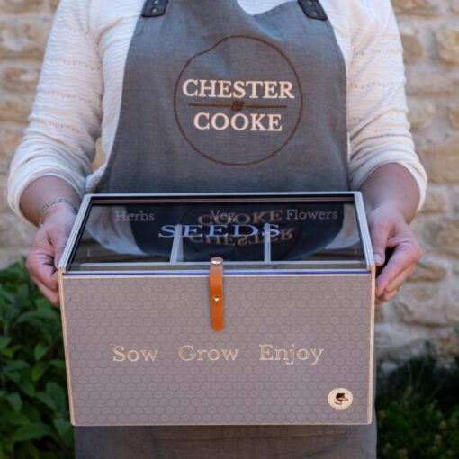 wooden seed storage box is available in brown or grey
