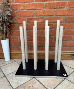 Welly rack stand - for 4 pairs of wellies, brown wooden base with wooden poles.