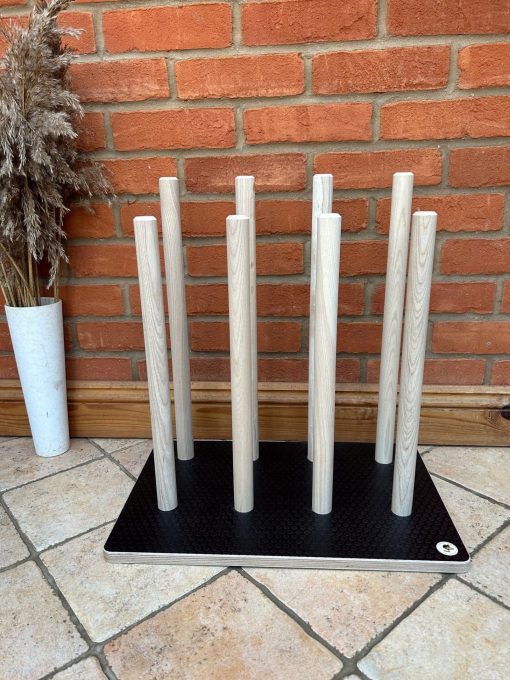 Welly rack stand - for 4 pairs of wellies, brown wooden base with wooden poles.