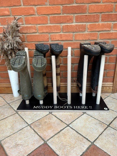 gardening gift Ideas for Christmas - Personalised Welly racks Holder wooden base and poles. floor standing able to hold 6 pair of wellies.