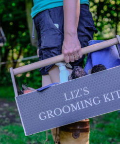 grooming kit with horse in the background