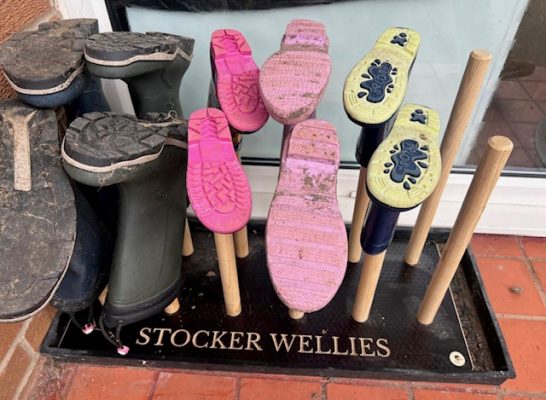 A personalised freestanding welly rack