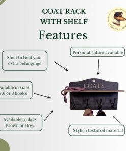 features of a wooden coat rack with shelf