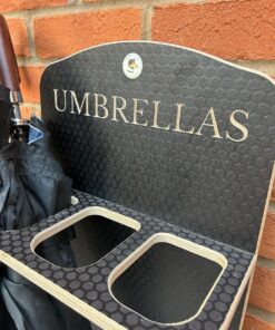 wooden umbrella holder with 3 storage sections