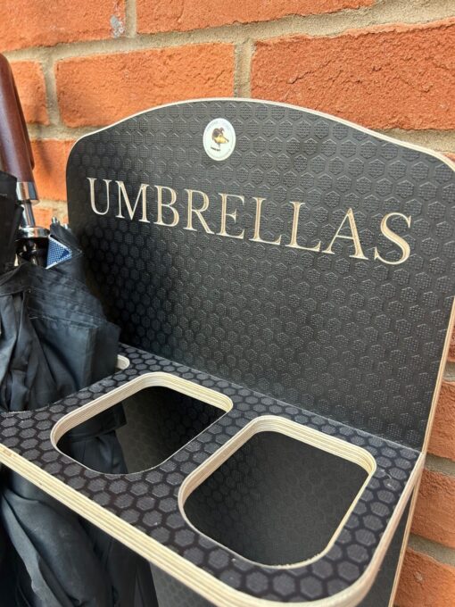 wooden umbrella holder with 3 storage sections