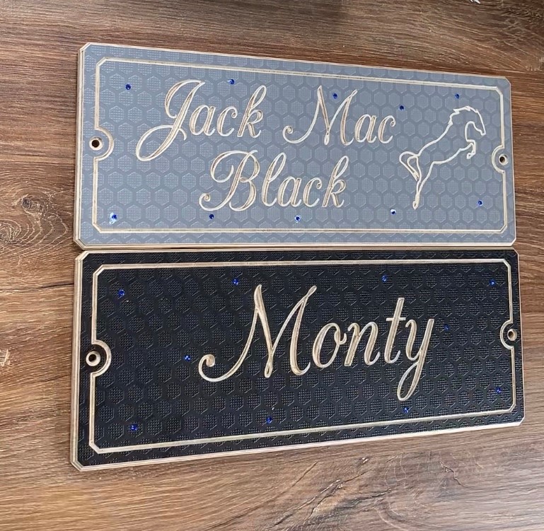 wooden name sign with calligraphy font and jumping horse