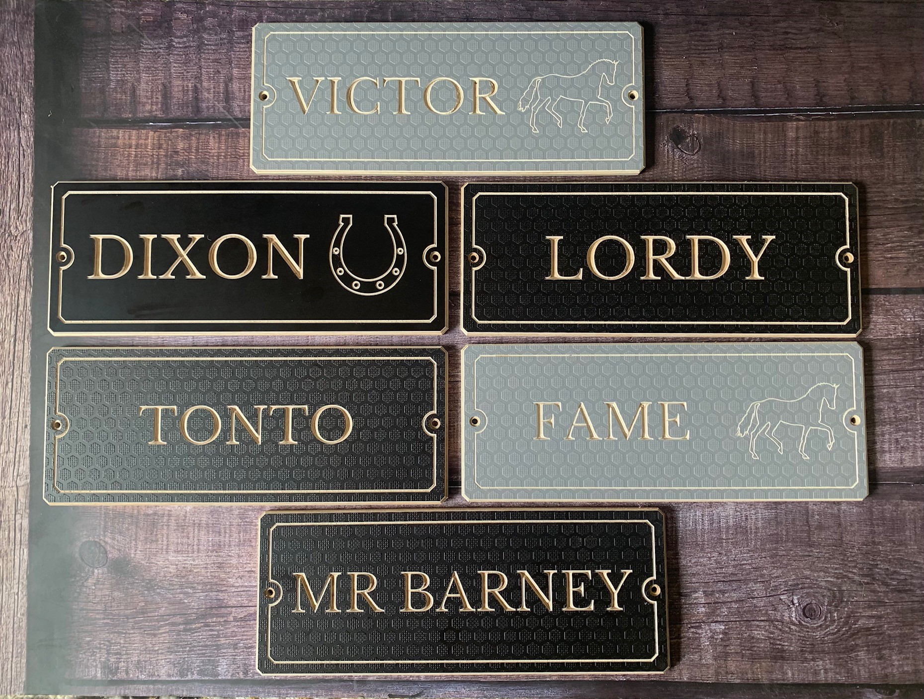 Grey horse name plates with a dressage horse image