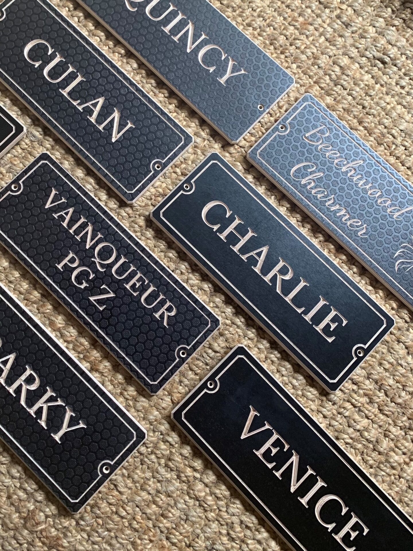 The classic look of personalised name plates with standard font and border.