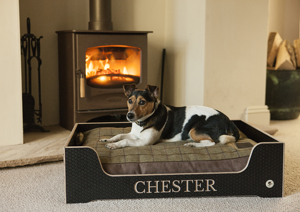 wooden dog bed with a tweed dog cushion
