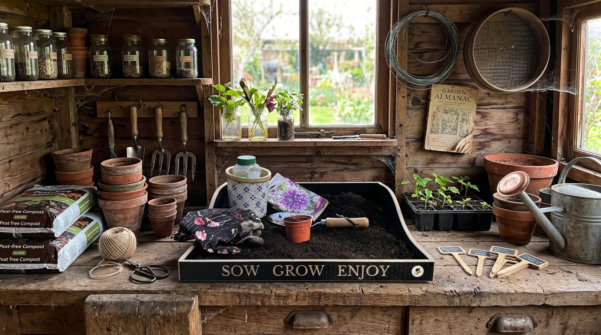 Potting tray in a potting shed - designed and made by Chester & Cooke