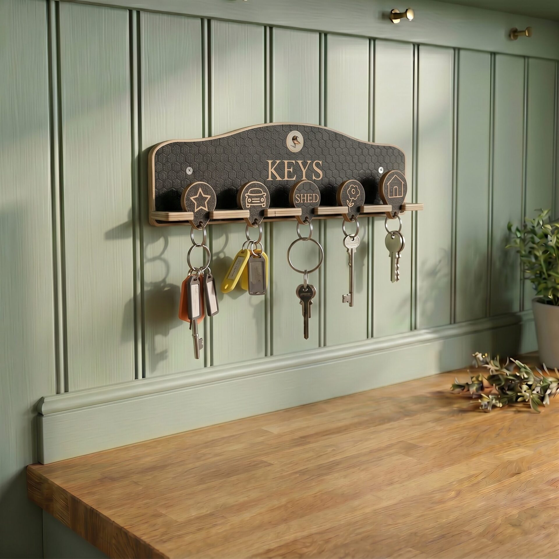 wooden key rack set with 5 keyrings