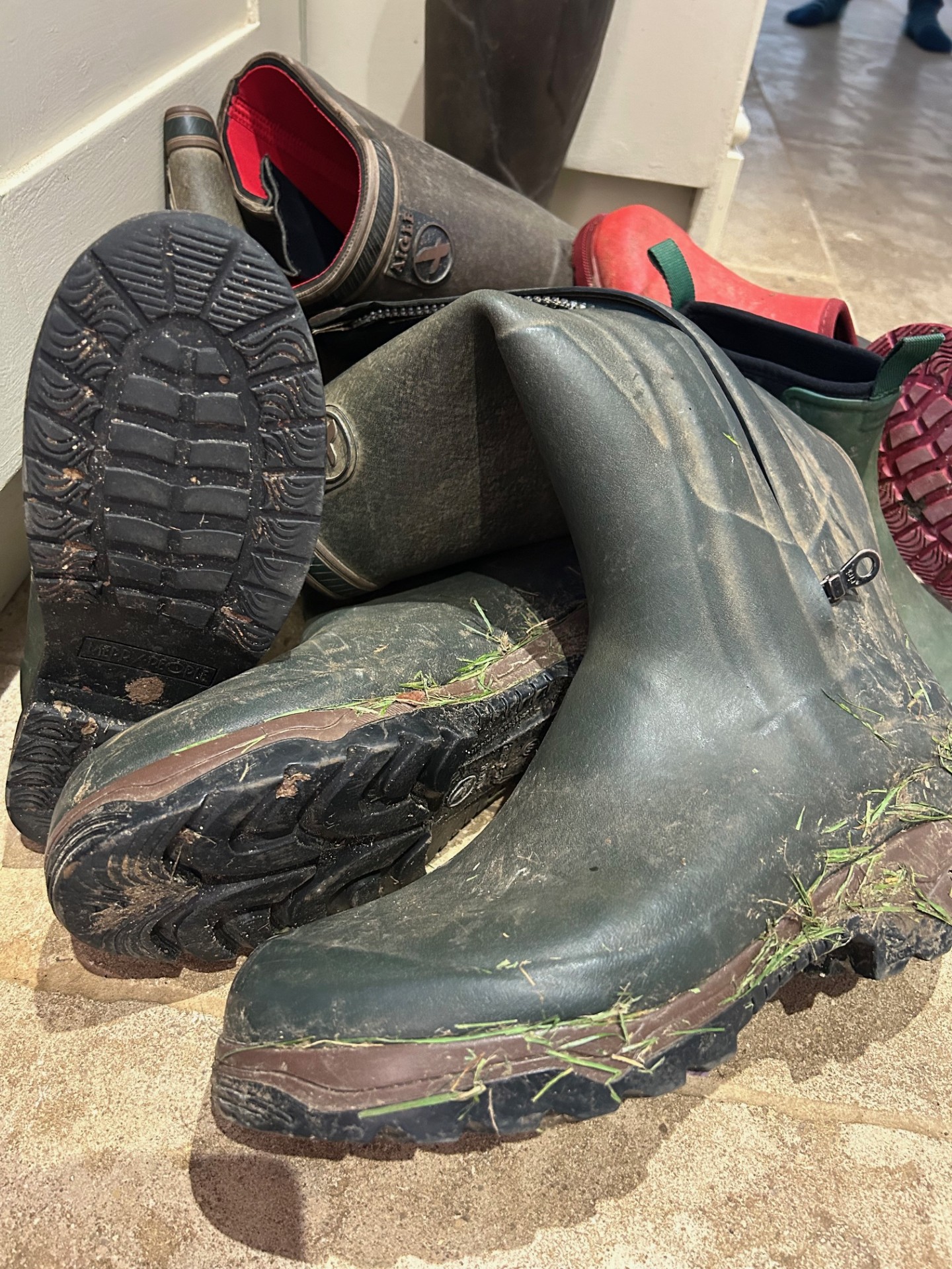 wellies dumped on the floor can get damaged by folding creating splits and cracks