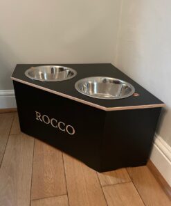 Brown wooden corner dog bowl stand in large