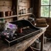 wooden engraved potting tray in a potting shed