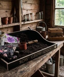 wooden engraved potting tray in a potting shed