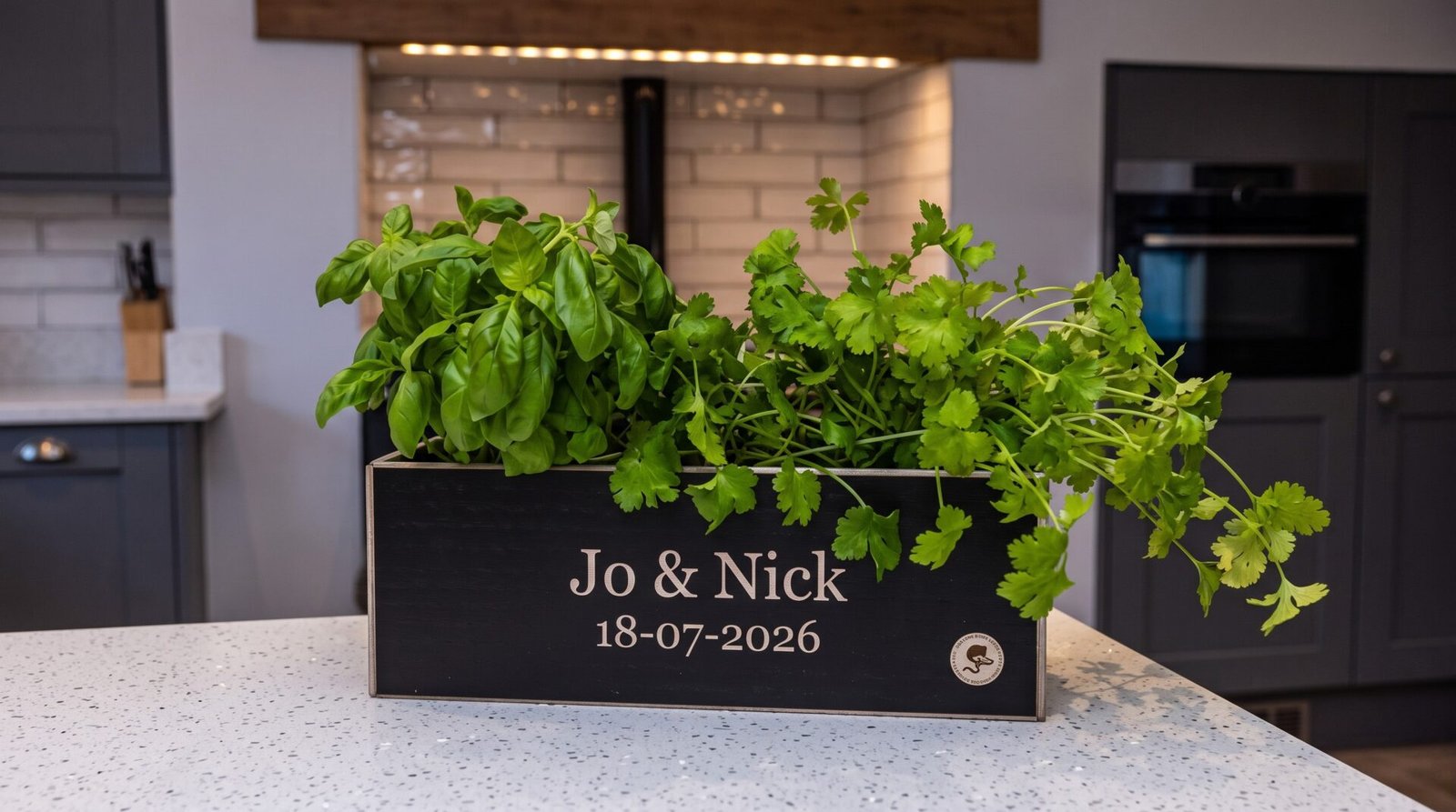 A personalised gift of a wooden herb planter is a great reminder of their wonderful day