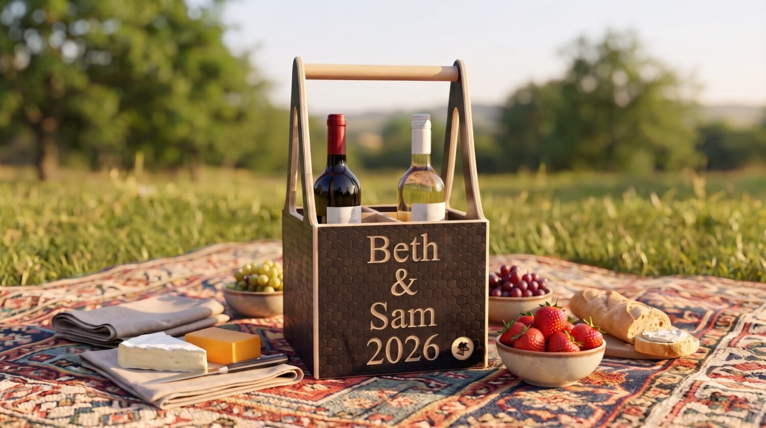 A wooden wine caddy engraved with Beth & Sam and a date of 2026. a great wedding gift