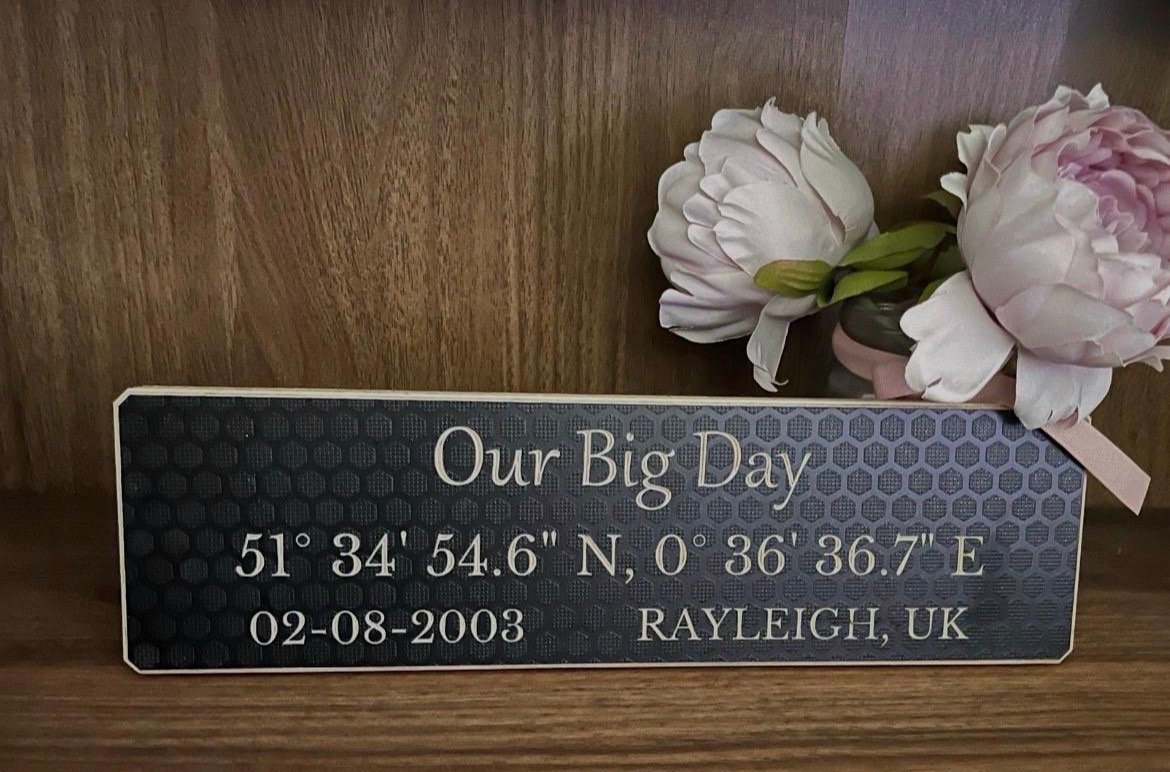 Our big day co-ordinates sign to remember their special place.