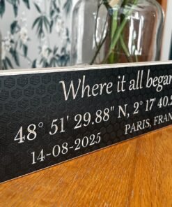 a unique wedding gift is a wooden coordinates sign