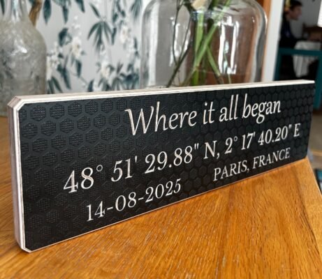 a unique wedding gift is a wooden coordinates sign