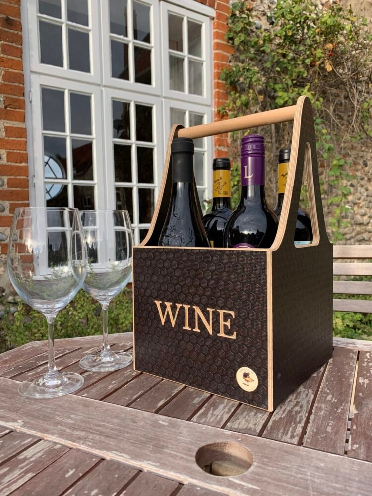 wooden engraved wine caddy